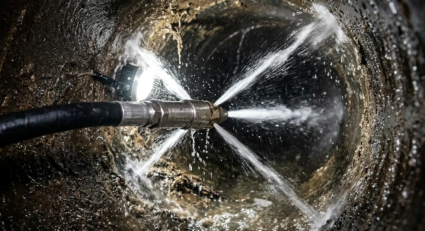 High-pressure hydro jetting nozzle cleaning sewer pipe for Sewer Cleanout in Kingsland