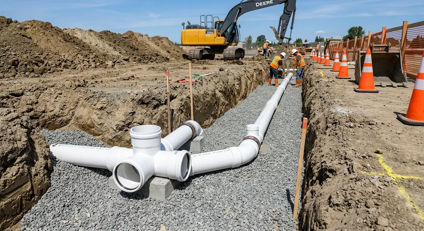 New PVC sewer pipe installation in open trench for Grease Trap Cleaning in Kingsland