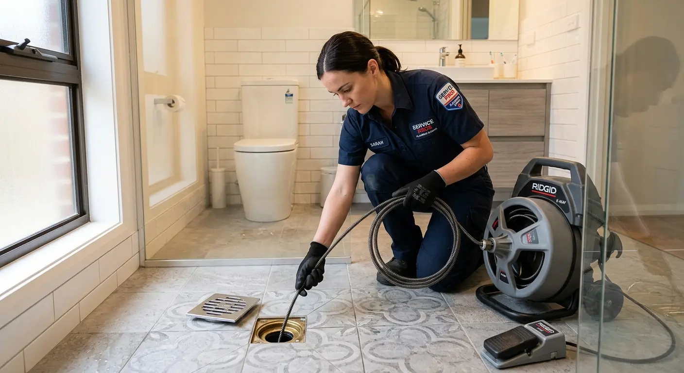 Technician clearing a bathroom floor drain for Hydro Jetting in Kingsland
